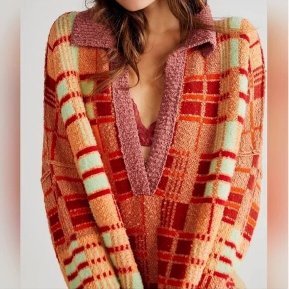 Free People Ruben Autumn Sunset Combo Plaid Oversized Sweater size M - Picture 4 of 9